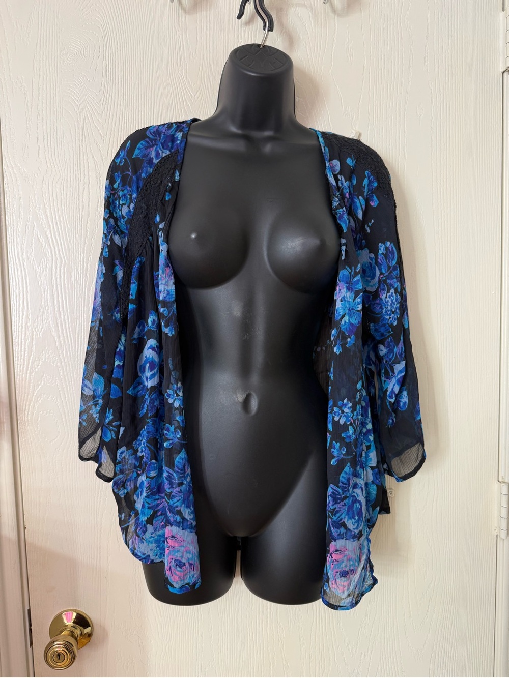 Black Floral Sheer Kimono Cover-Up - Blue & Pink Roses
